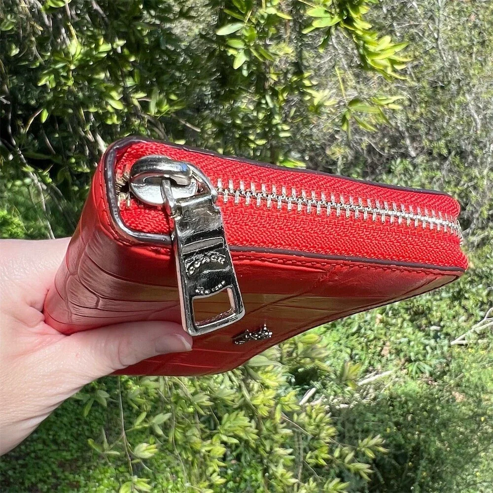 COACH Red Croc Embossed Womens Zip-Around Accordion Wallet *READ DESCRIPTION*